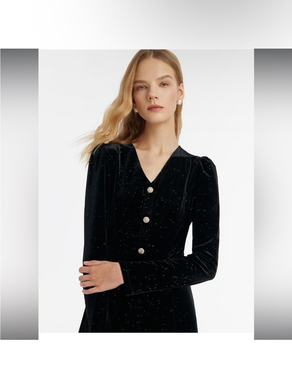 Elegant Black Velvet Button-Front Dress with Chain Belt - Picture 4 of 11
